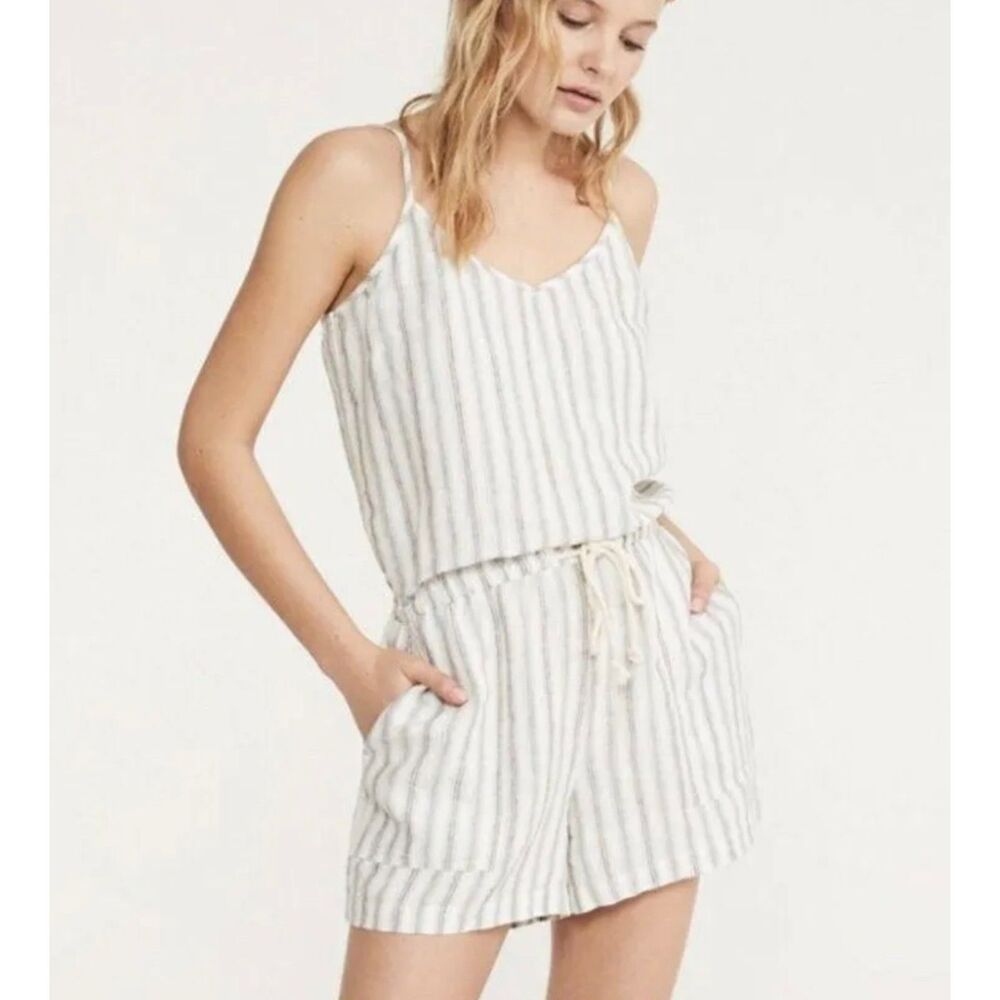 LOU & GREY for LOFT 100% Linen Ivory with Blue/Tan Stripes Romper Waist Tie, L